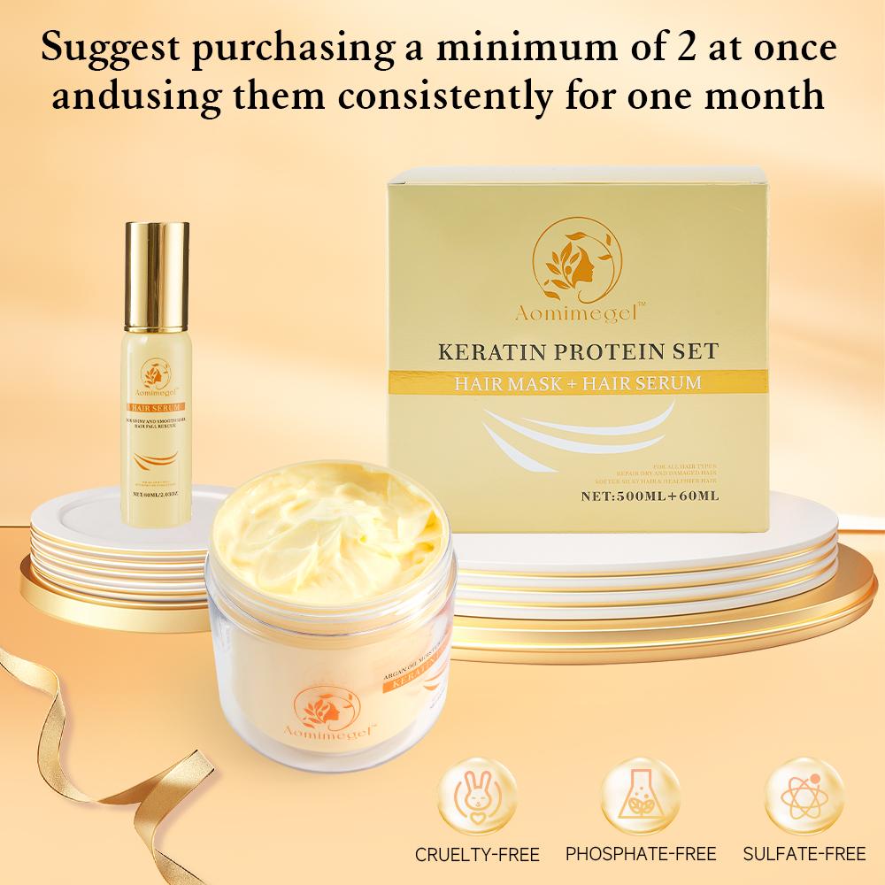 Aomimegel Collagen Hair Mask Deep Repair Moisturizing Care Set, rich in abundant hair collagen and argan oil, solves the problems of dry and damaged hair, protects hair quality, 500ml + 60ml