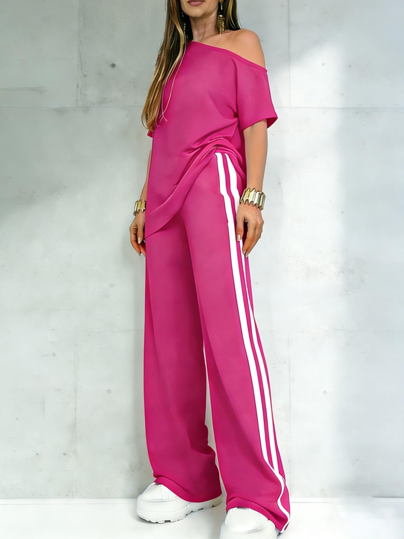 Women's Casual Sportswear Set, One-Shoulder Short Sleeve Top and Striped Long Pants, Spring Summer Two-Piece, Versatile Fashion