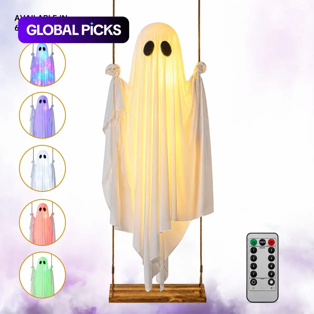 Halloween Swing Ghost Light, Glowing Hanging Ghost Decoration, Remote Control, Battery Powered, 8 Modes, Timer, Outdoor Halloween Decor