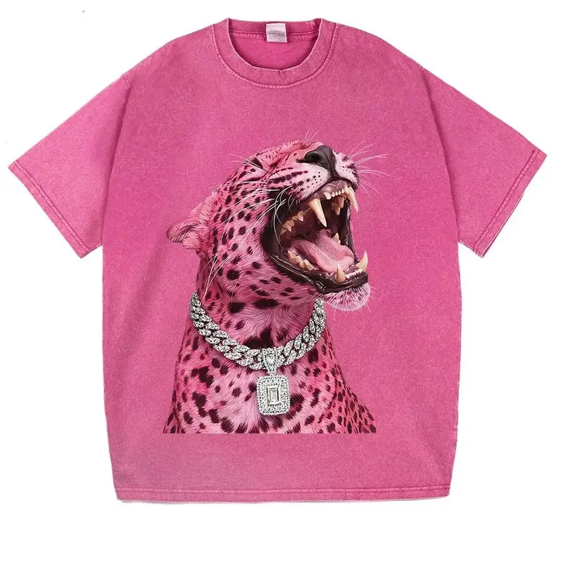 Women's Washed Graphic Tops with Roaring Cheetah Print, Diamond Embellished Short-Sleeve T-Shirt,back to school,back to school shopping, Casual Comfy Tee, Preppy