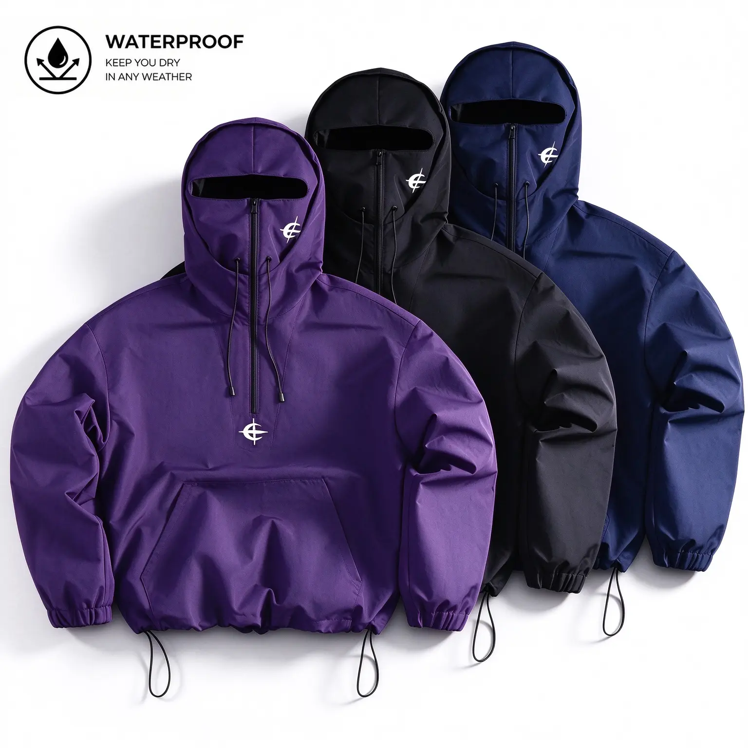 Men's Plain Dark Functional Hooded Athletic Sport Coat, Menswear Half-Zip Face Mask Windproof Outerwear, Loose Streetwear Tactical Workwear Jacket,sohochic