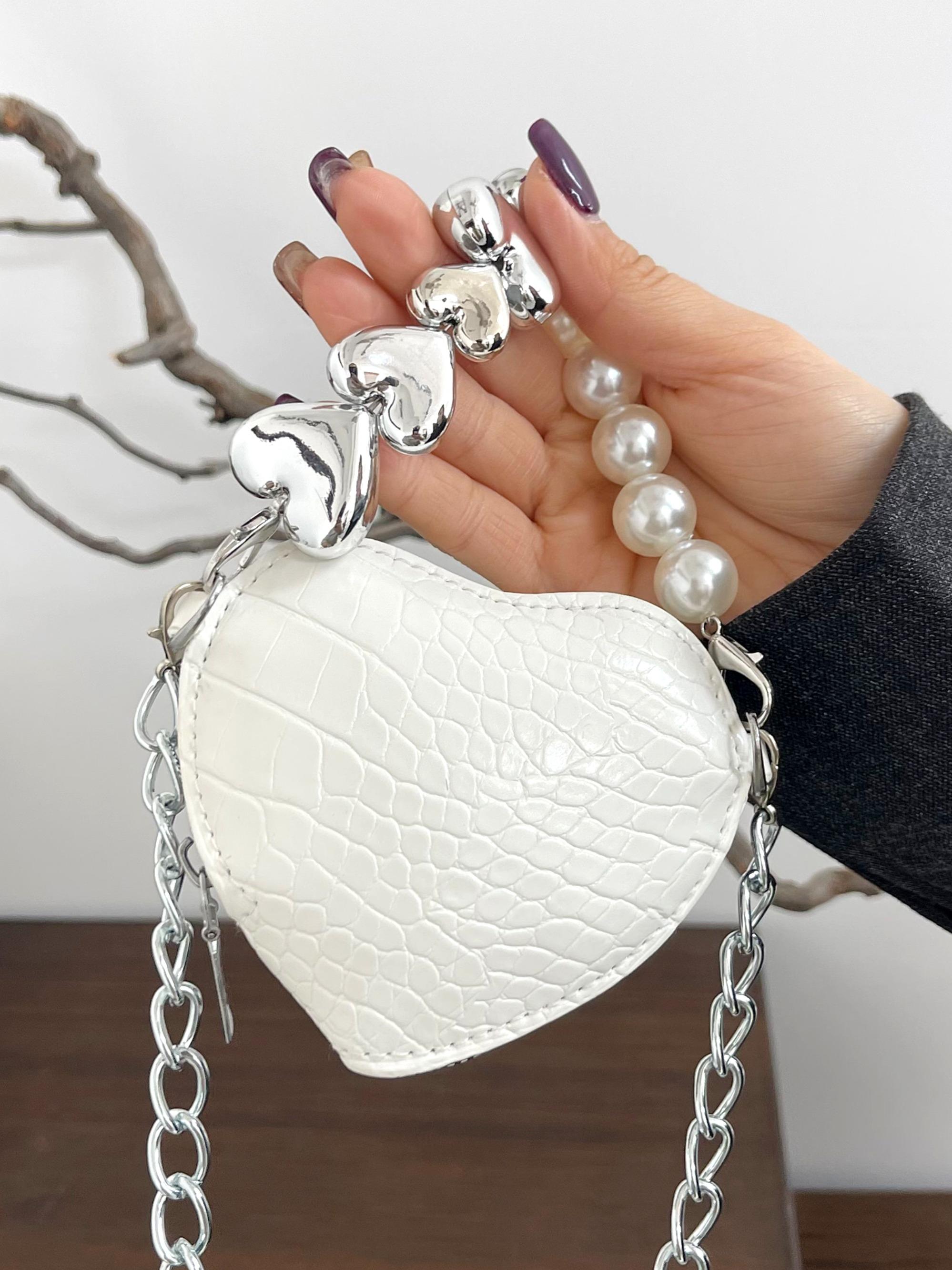 Vintage Mini Crossbody Bag, Crocodile Pattern Pearl Chain Purse, Heart Shape Fashion Coin Wallet, All Seasons Solid Design