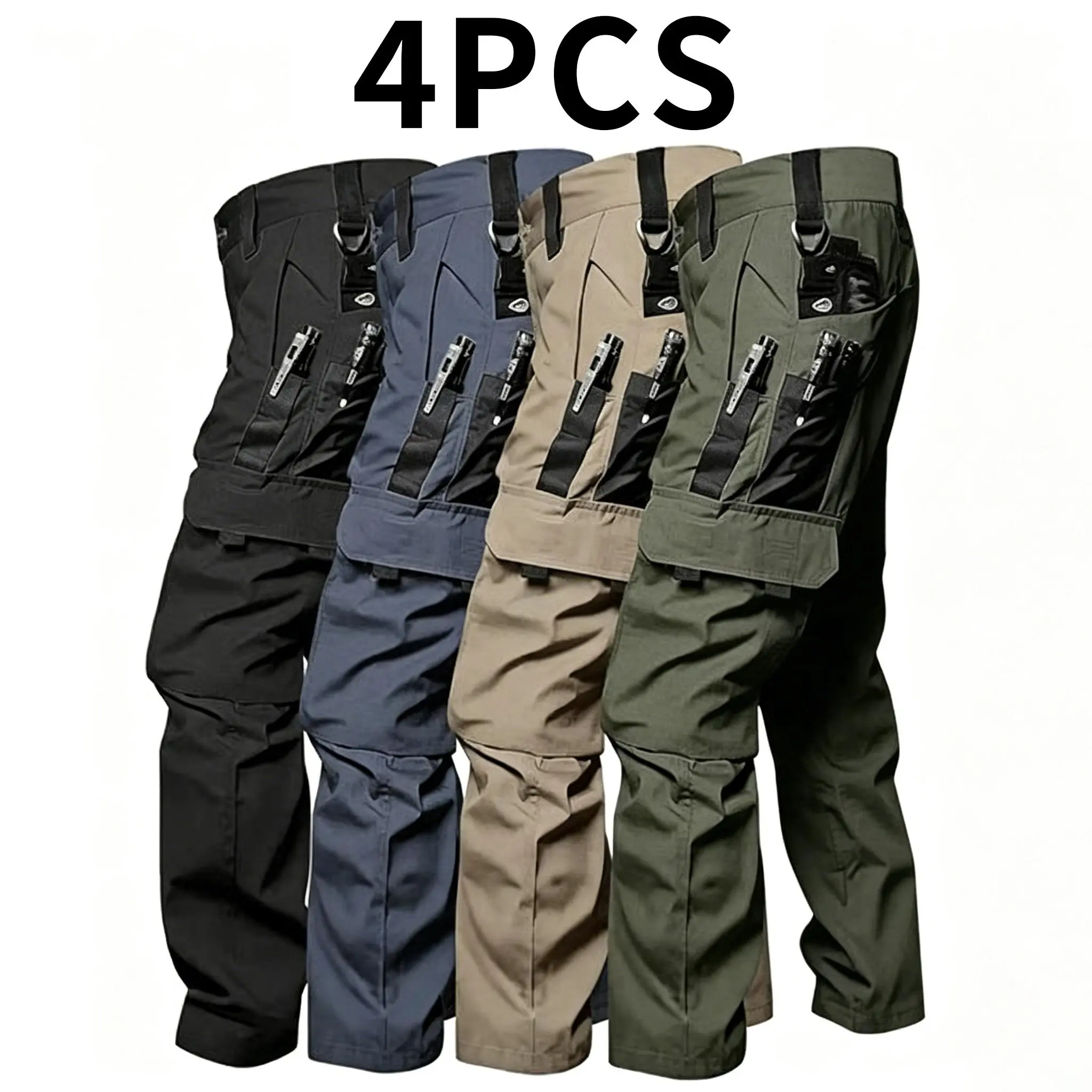 HOMUG Men's 4-Pack Ripstop Fabric Cargo Pants - Polyester, Mid Rise, Lightweight Fitted Flat Front Pocket Pants for Hiking, Construction, Menswear Summer Gift