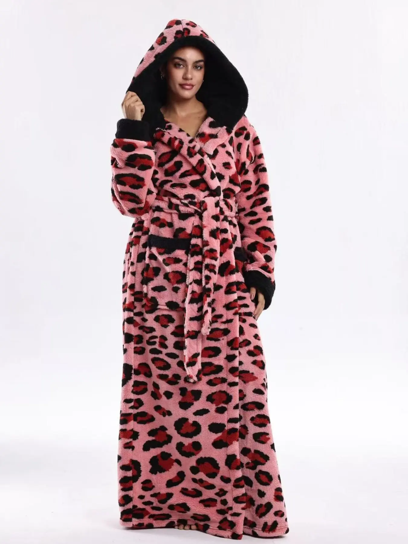 Autumn Winter Fleece Nightgown, Solid Leopard Print Bathrobe, Elegant Belt and Large Pockets, Unisex, Soft Thick, Loungewear, Multiple Colors Available