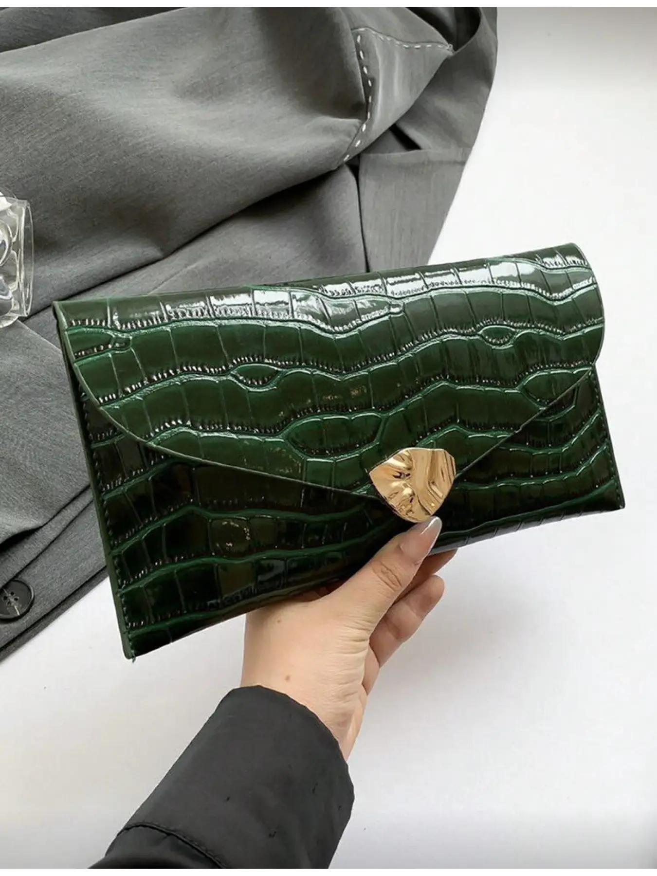 Fashion Colorful Minimalist Women Clutch Envelope Bag Metal Crocodile Embossed Sequins Nightclub Party Bridal Wedding Green Handbag