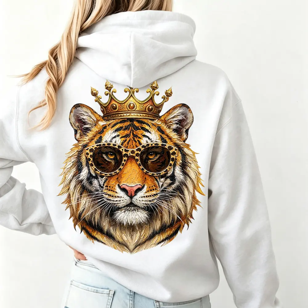 Royal Gold Crown Tiger Graphic Hoodie - Leopard Sunglasses King Tiger Back Print Pullover Sweatshirt Unisex Y2K Aesthetic Streetwear Oversized
