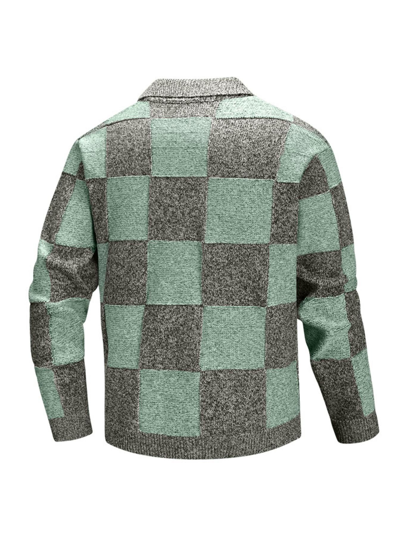 Men's Colorful Plaid Knit Cardigan, Patchwork Check Design, Vintage Stand Collar Soft Button Open Front, Casual Streetwear