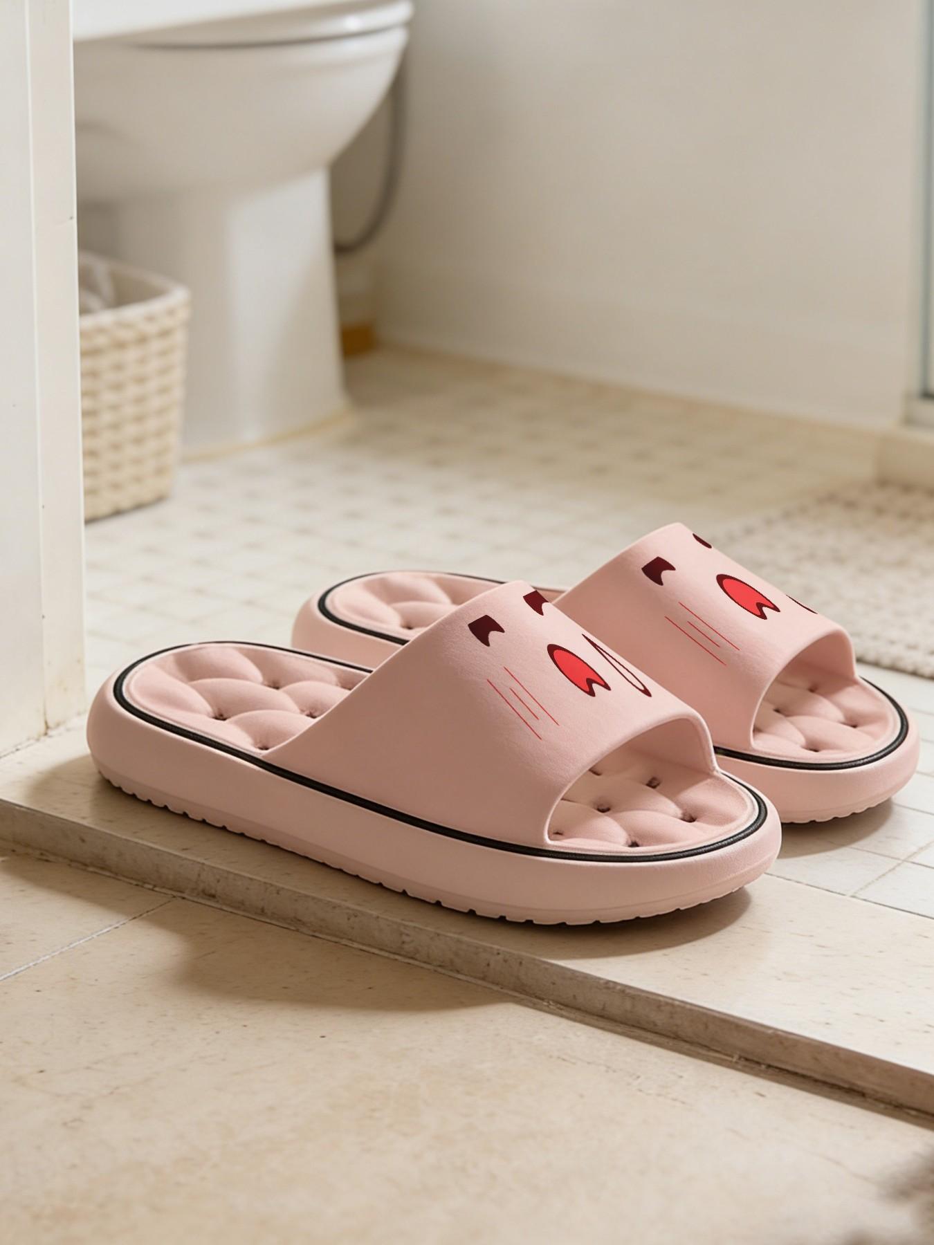 1 Pair Cartoon Tongue-out Emoji Printed Hollow Massage Thick Sole Slippers, Cute Soft Style, Non-slip Soft Sole, Quick-dry for Bathroom, Indoor & Outdoor Dual-use, Open Toe Slides, Bathroom Casual Slippers