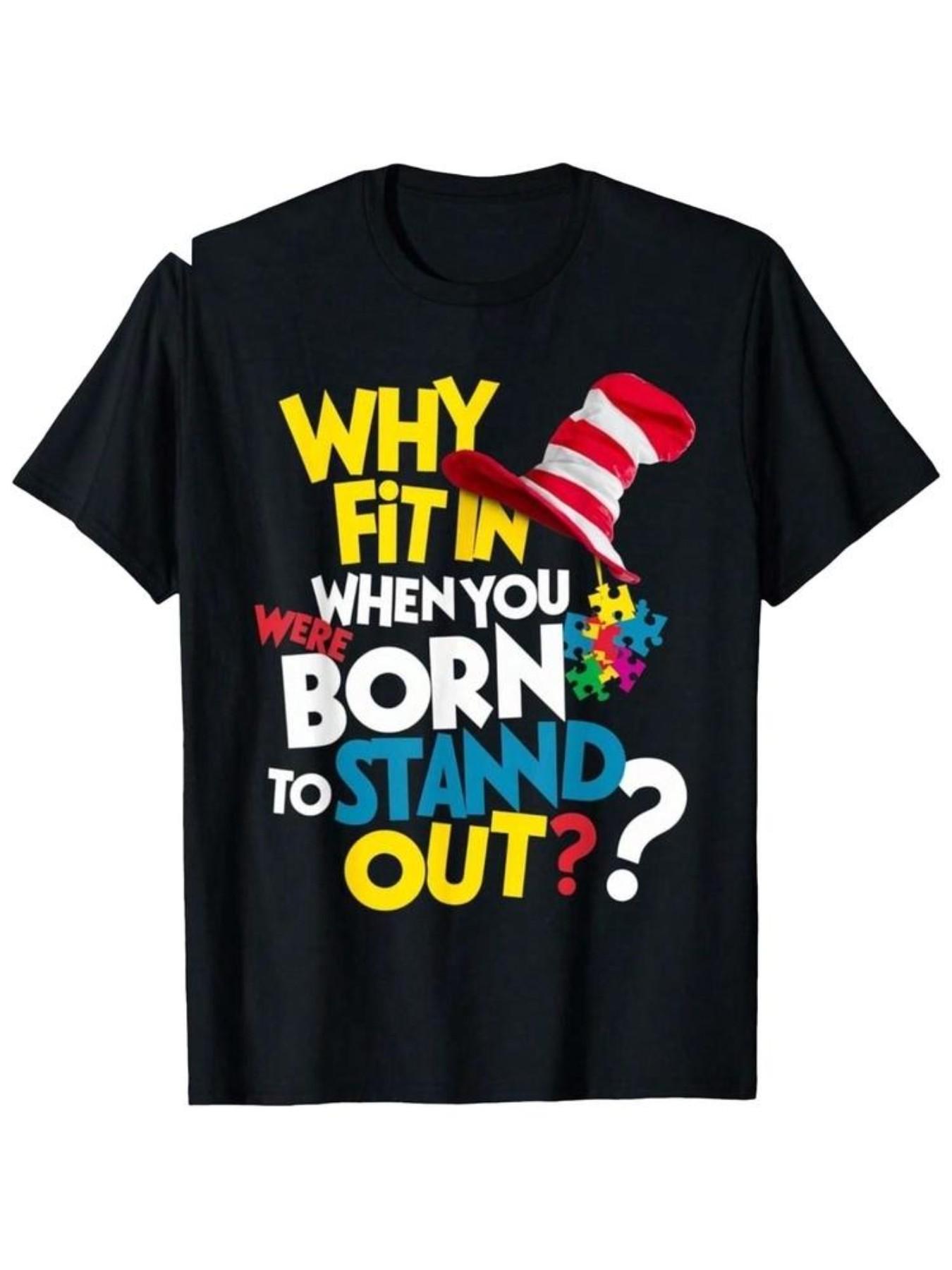 Dr. Seuss 'why Fit In' Print T-Shirt, Unisex Casual Loose-Fit Top, Geometric Pattern, All Seasons, Short Sleeve, No Button or Zipper