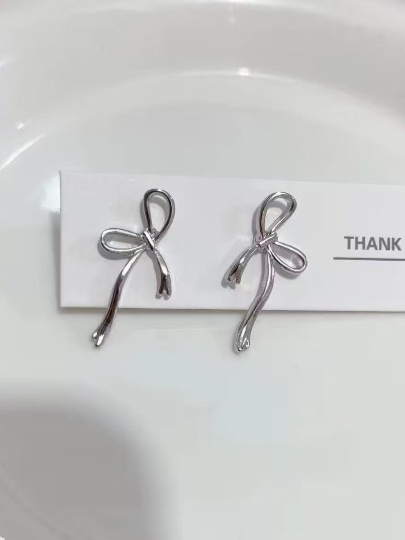 Minimalist Silver Color Bow Stud Earrings for Women, Unique Hollow Design, Elegant All-Season Jewelry, Versatile Commute Ear Accessories