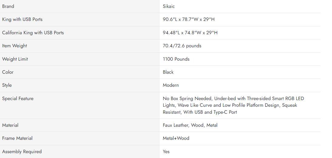 Sikaic Wave Like Curve LED Lighting Bed Frame With Charging Ports And Headboard Black Upholstered Platform Bedframe