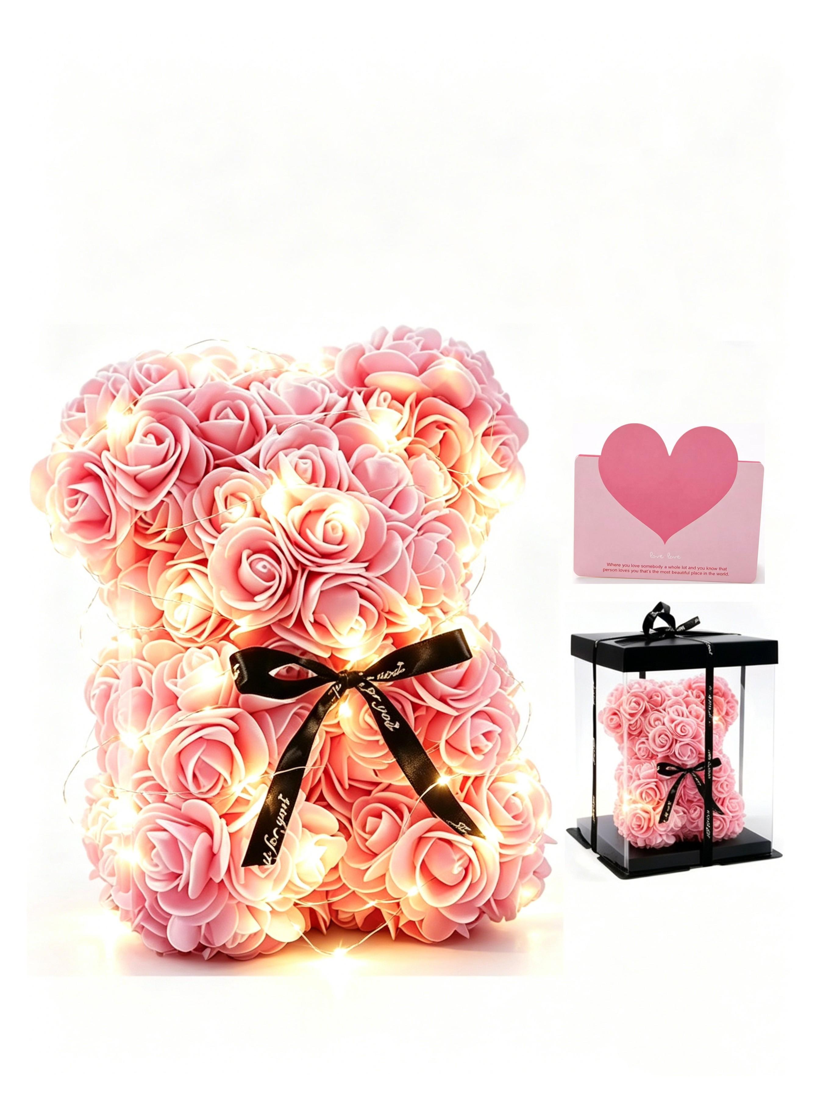 Rose Flower Bear Preserved Flower Gift Box, Valentine's Day Wedding Bouquet, Heart Stone Necklace, Romantic Gift for Girlfriend, Light