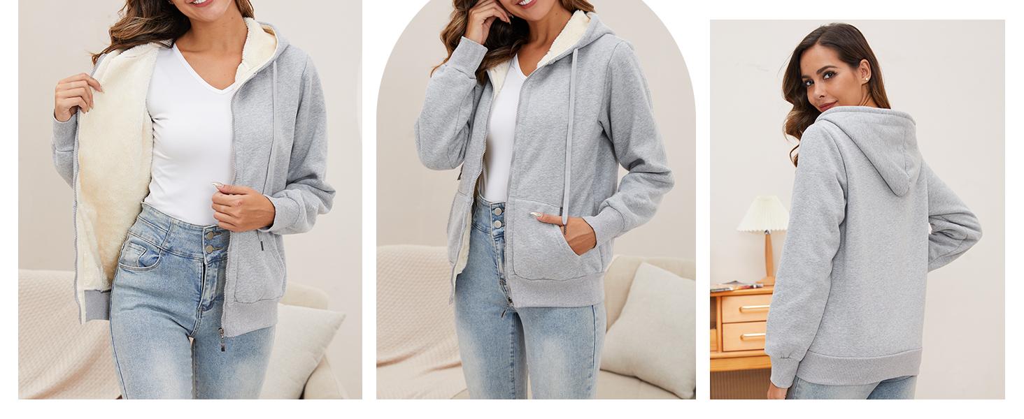 Yimoon Women's Sherpa Lined Hooded Sweatshirt Zip Up Winter Warm Hoodie Comfy Hooded Fleece Jacket Soft Womenswear Drawstring Outdoor