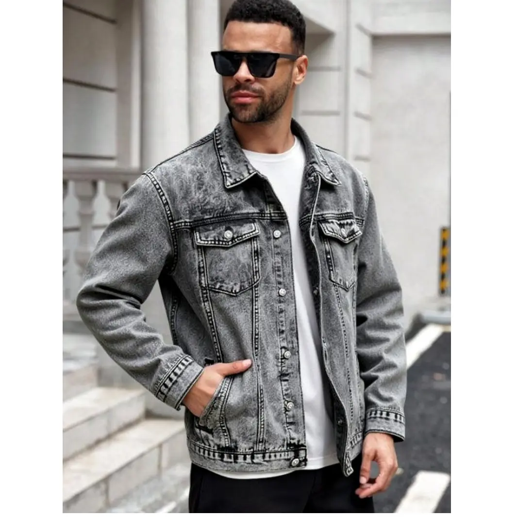 Men Grey Acid Wash Distressed Denim Trucker Jacket, Vintage Washed Jean Jacket
