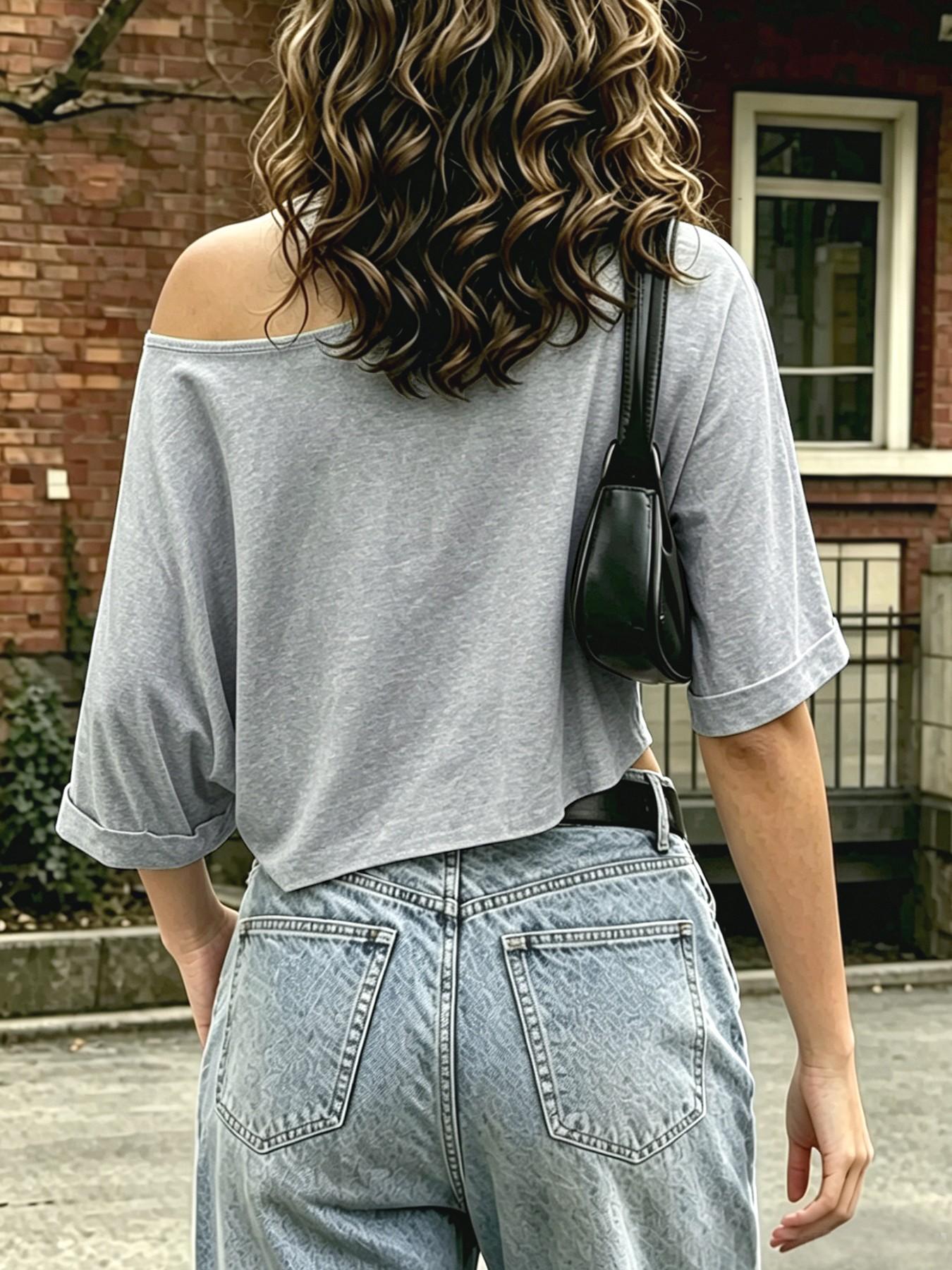 Women's Asymmetrical Shoulder T-Shirt, Casual Fitted Top, Solid Plain Design, Minimalist, Basic, All-Season Wear, Loose Fit, Ideal for Fitness and Dance, divorced mom core trend, betty boop, usa love island, edikted, Clothes