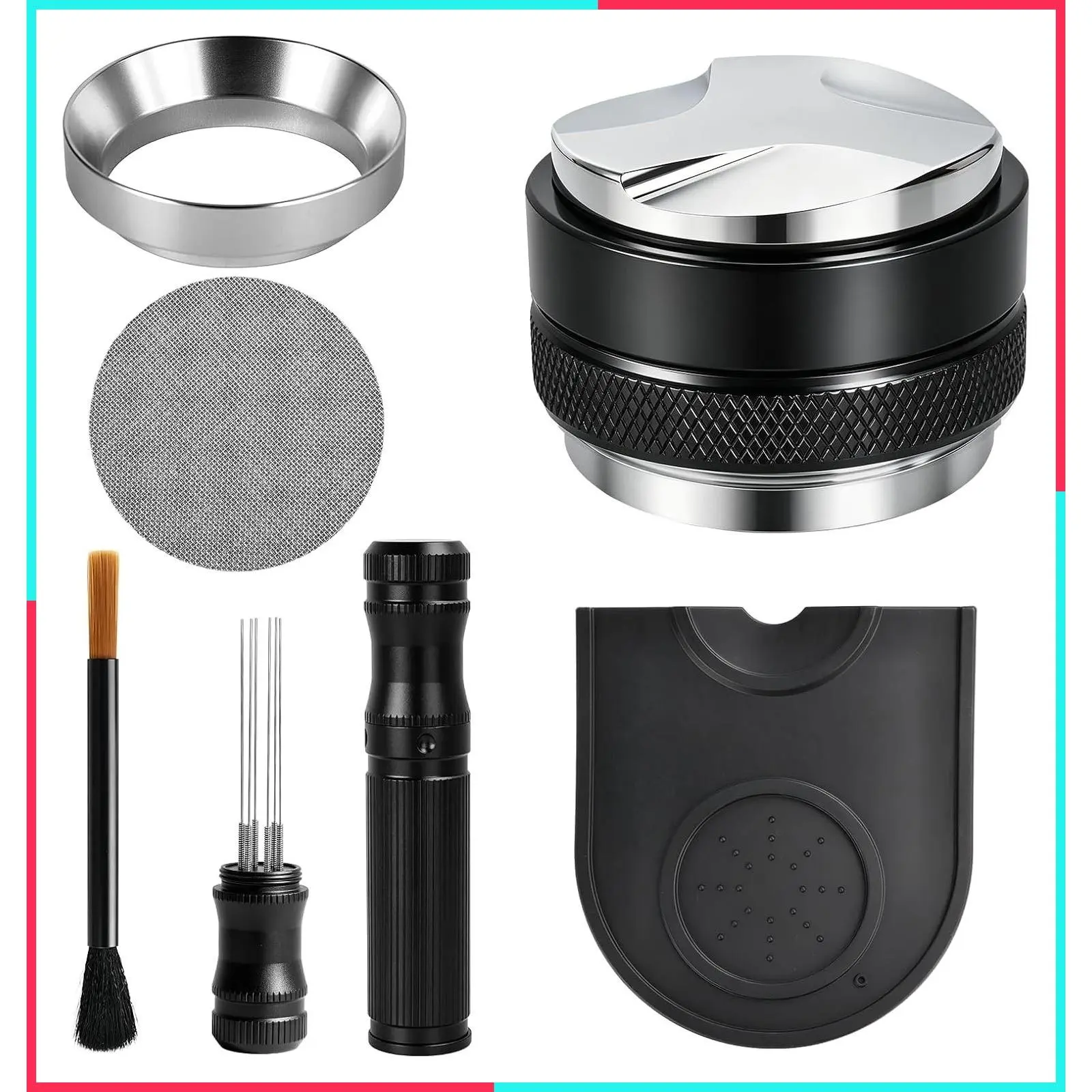51mm Espresso Accessories Kit, 6Pcs Dual Head Coffee Leveler, Puck Screen, Tamper Mat, Dosing Funnel, WDT Tool, Coffee Tamper for 51mm Portafilter Barista Tools