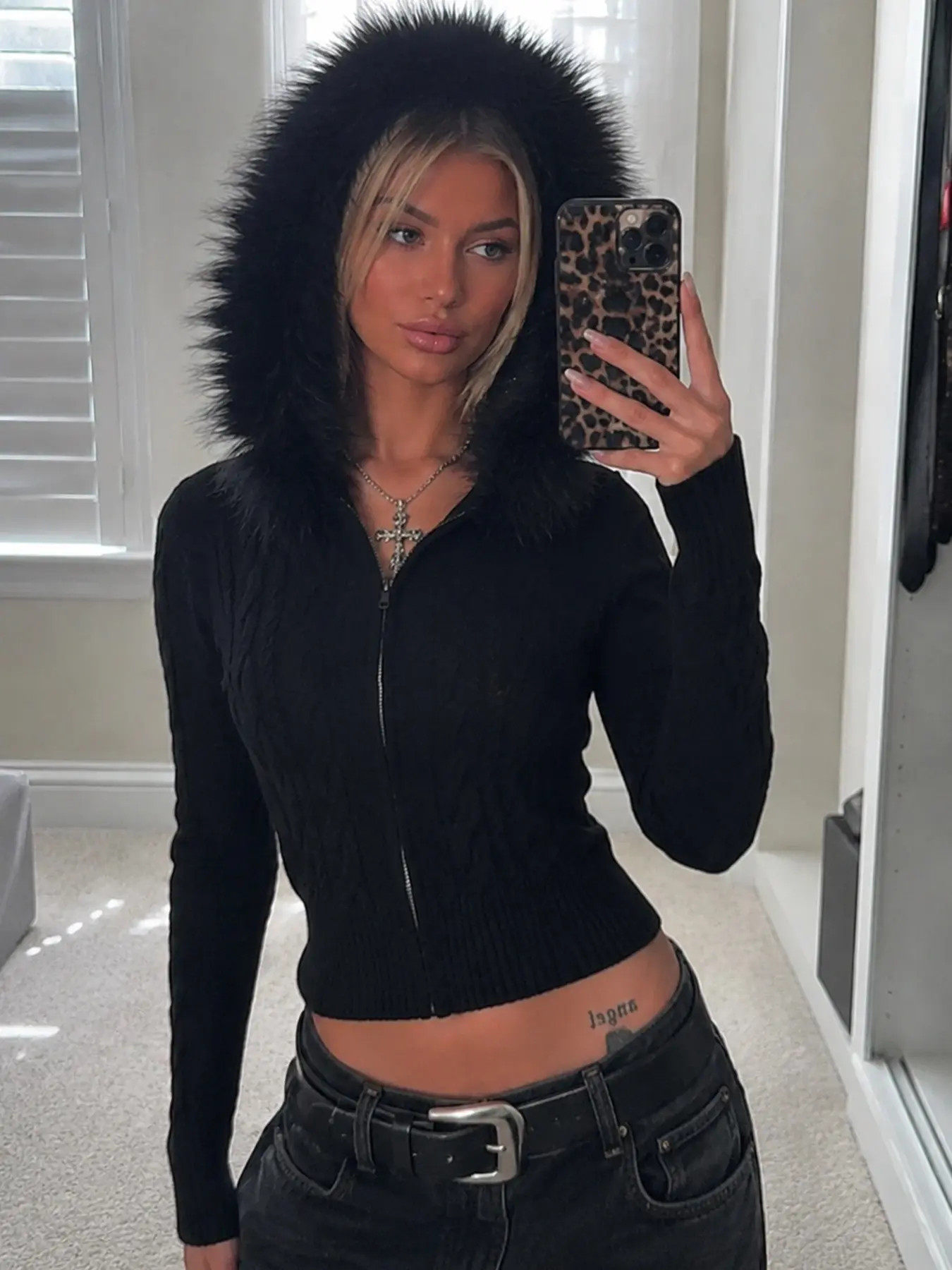 Artificial Fur Collar Knit Zipper Open Front Sweater Y2K Long Sleeve Fall Winter Retro Cute Casual Street Fashion Hooded Pullover for Women Knitwear Knitting