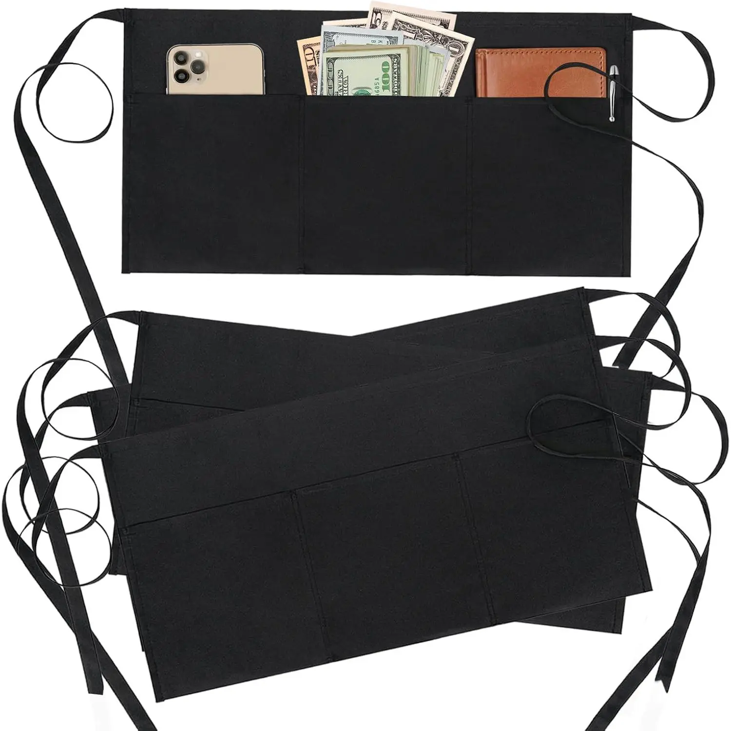 4 Pack Waitress Apron With 3 Pockets-Black Server Aprons-Waiter Short Half Waist Servers Apron