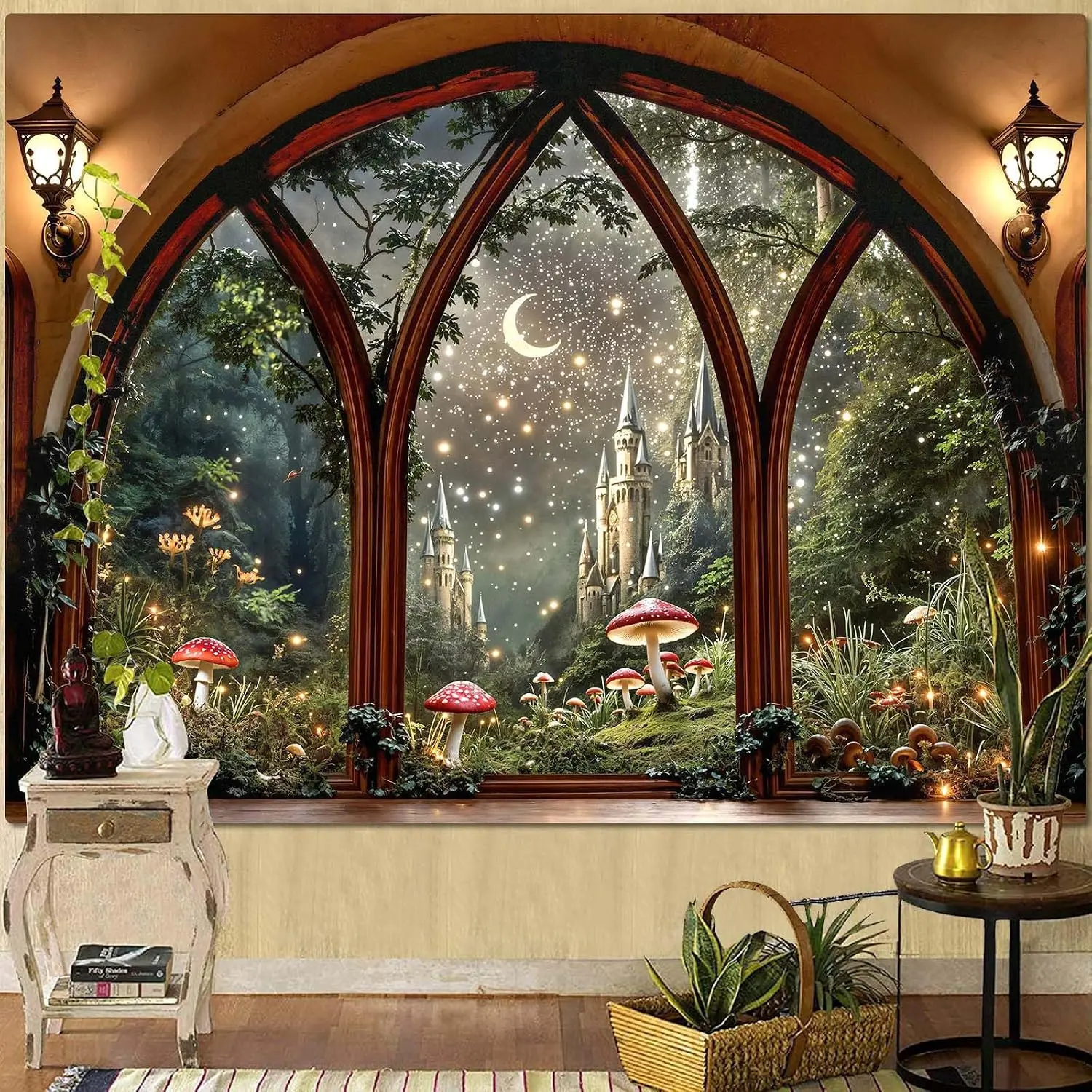 Magical Fantasy Castle Window Tapestry, Enchanted Forest Wall Hanging Decor with Moon, Stars, Mushroom Woodland Scene for Bedroom, Living Room Home Decor room tapestry wall decor
