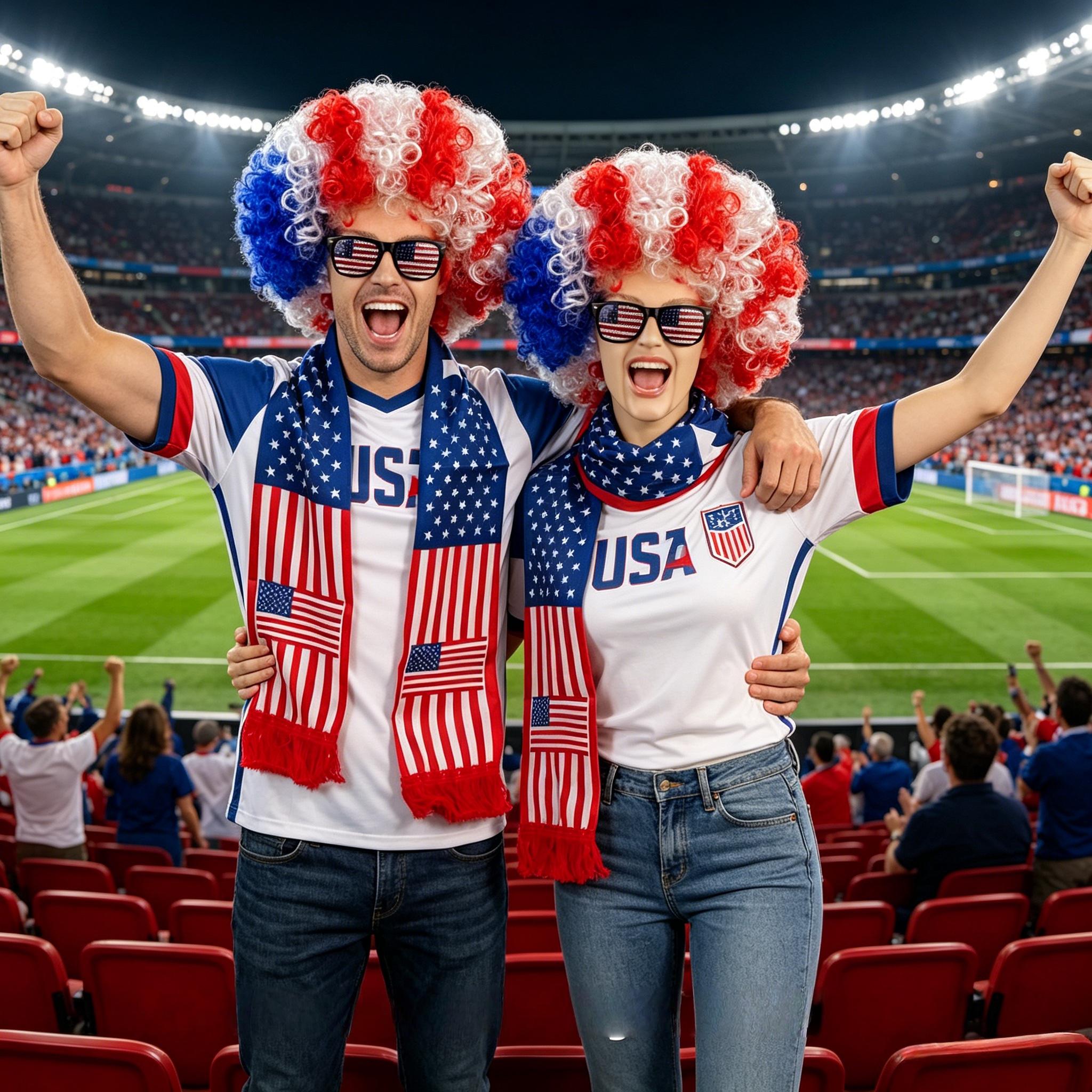 3pc USA Football Fan Cheer Set - Afro Wig, Scarf & Glasses | 2026 Match Day Costume for Soccer Fans