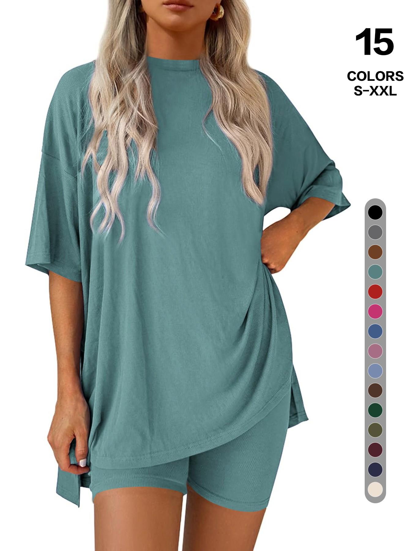 Women's Two Piece Lounge Set Matching, 2026 Summer Casual Basic Oversized Shirts & Biker Shorts, Fitted Plain Design, Perfect for Airport Travel Womenswear Clothes
