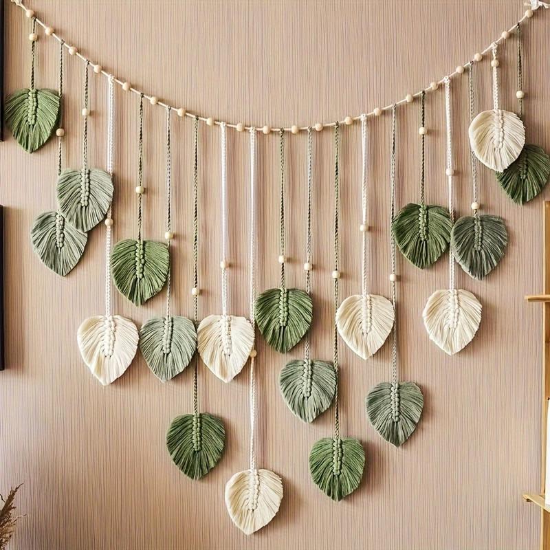 Boho macrame leaf wall hanging displayed in a cozy interior