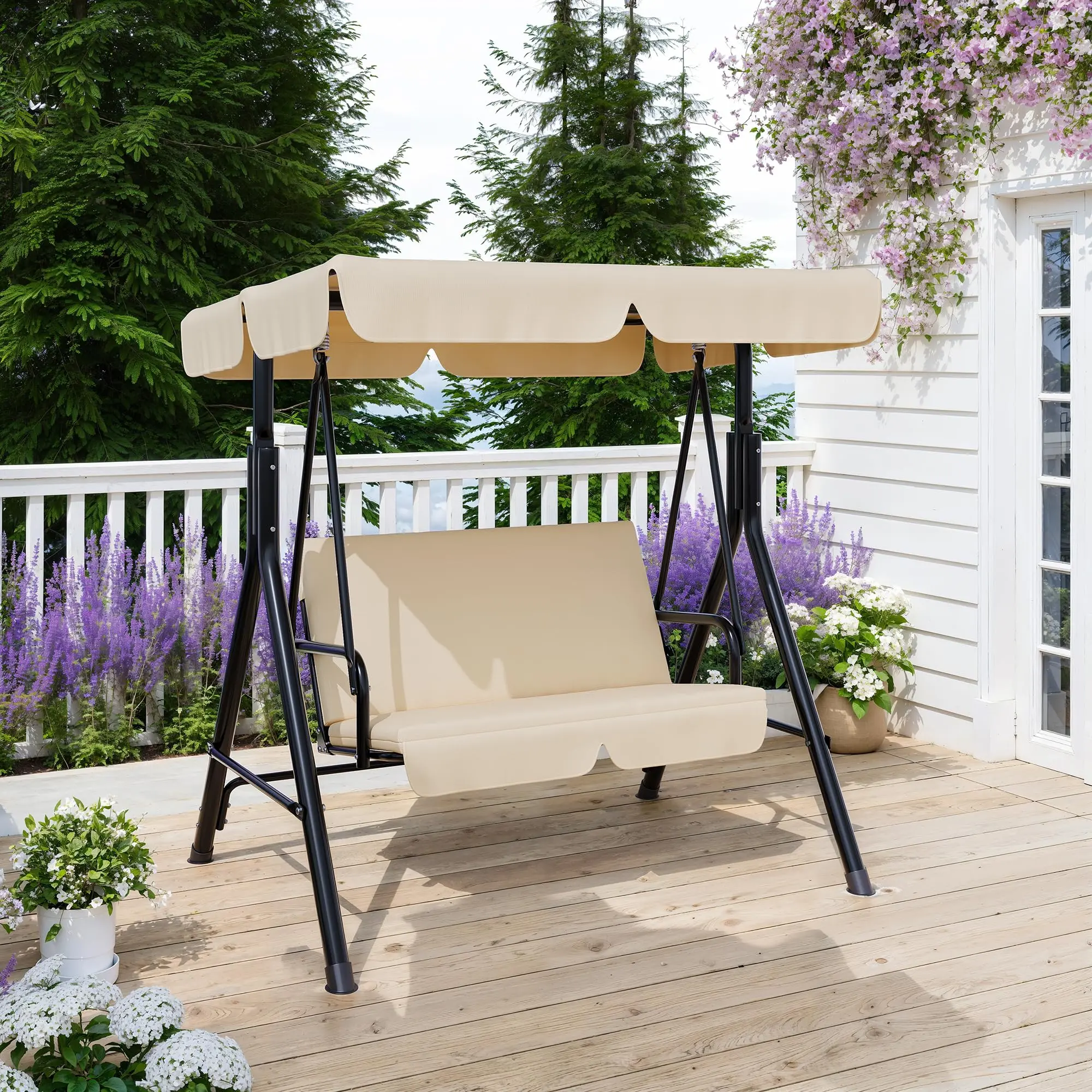 3-Seat Outdoor Porch Swing with Stand - Adjustable Canopy Patio Swing Chair for Adults - Heavy-Duty Metal Frame for Backyard/Garden/Poolside - Striped Green