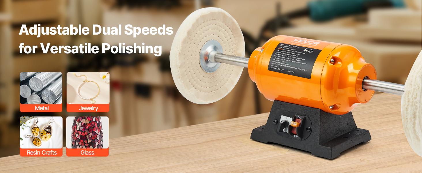 VEVOR 1/2HP Bench Buffer Polisher, 8-inch Bench Polishing Buffing Machine, 1725RPM/3450RPM Dual Speed Benchtop Polisher with 2PCS Cotton Wheels Cast Iron Base for Metal, Jewelry, Wood Polishing