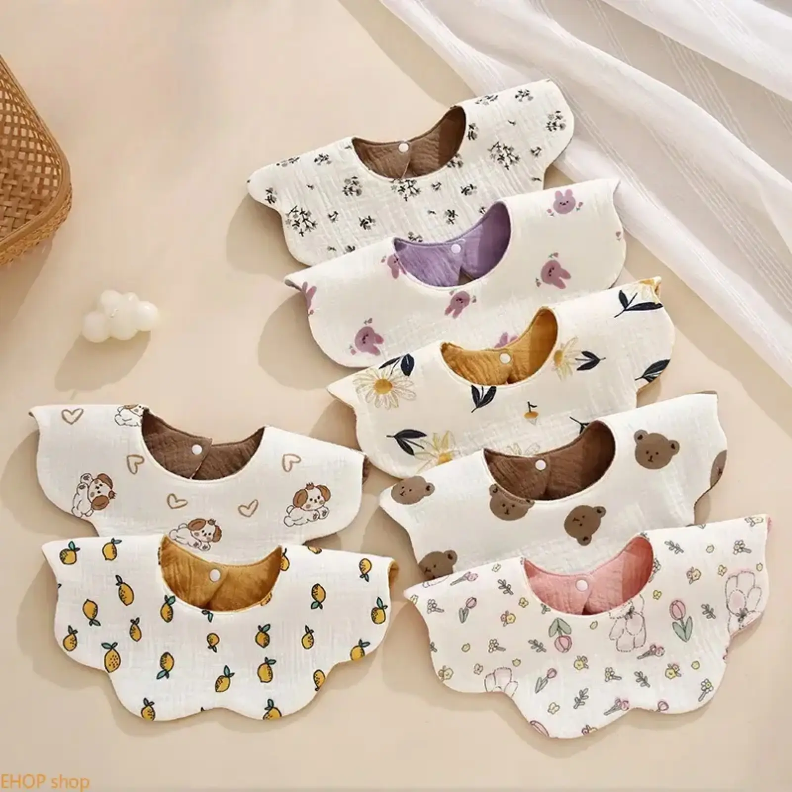 8-Pack Reversible Muslin Cotton Bibs, Cute 360 Degree Petal Design, Unisex Waterproof Feeding Bibs for Mealtime & Daily Use