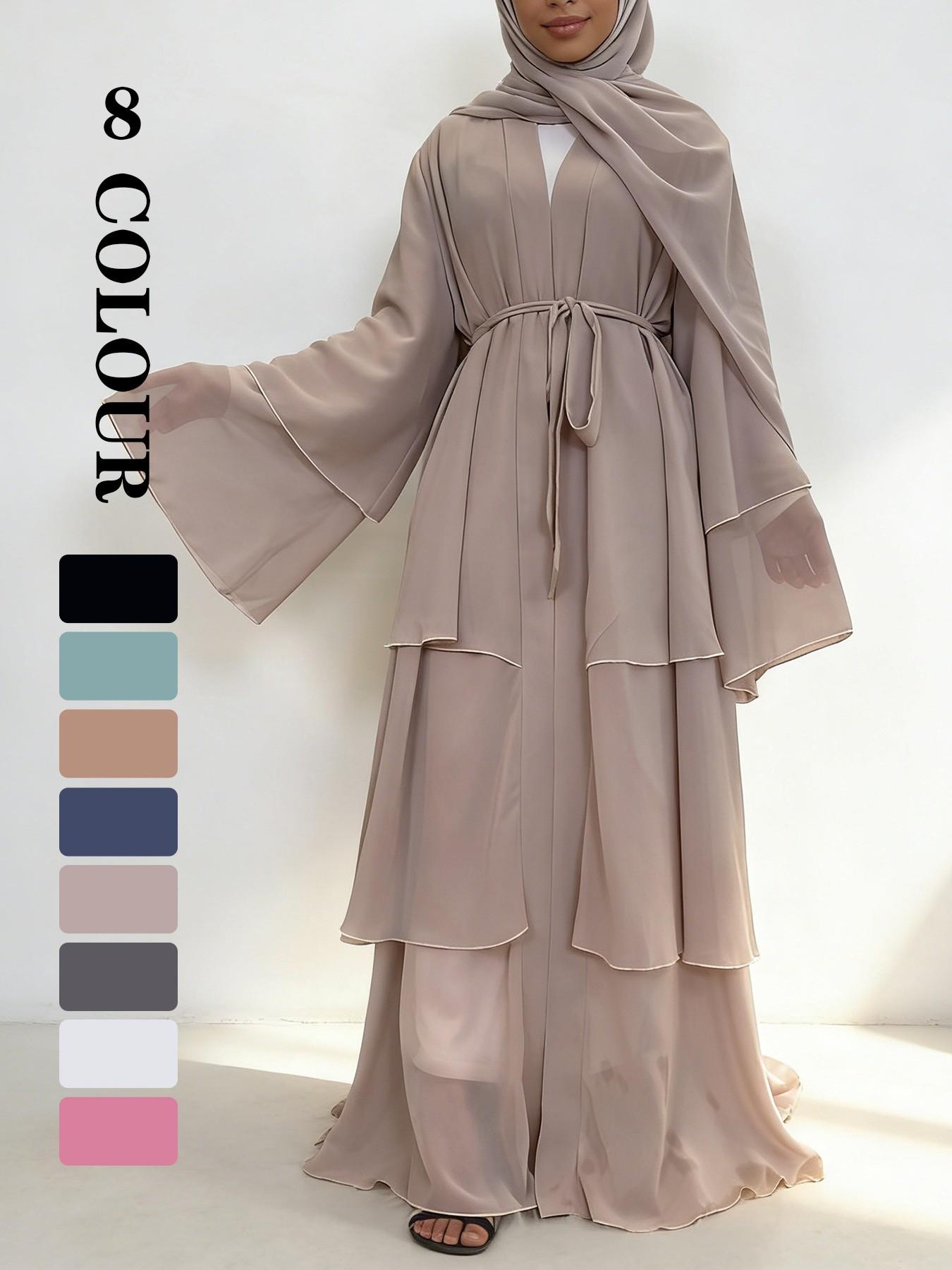 Spring Summer High-Quality Chiffon 3-Layer Eid Abaya with Belt, Casual Party Dress, Comfortable Breathable Fabric, Perfect for Weddings