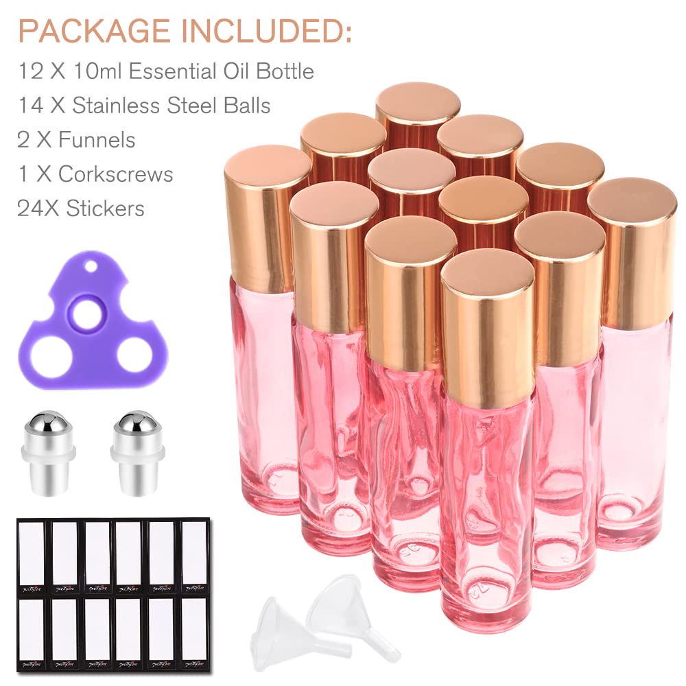 10 ml Rose Glass Roller Bottles for Essential Oils (with Extra Roller Balls, Labels, Opener, Funnels Essential Oil Roller Bottles for body oil perfume