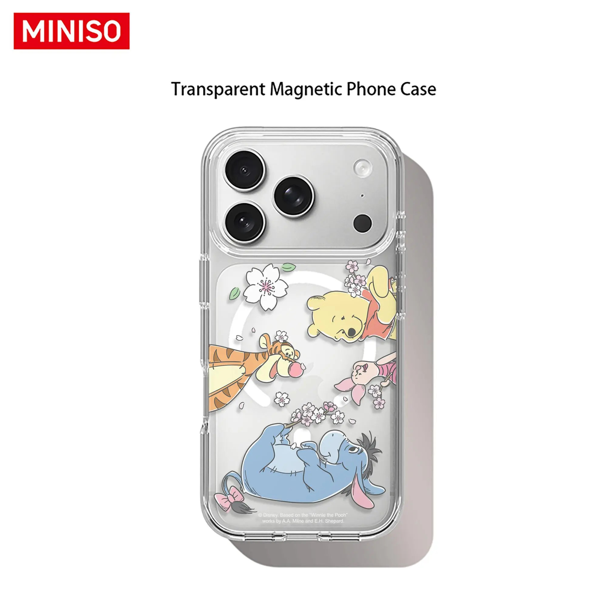 Disney Winnie the Pooh Cherry Blossom Phone Case Transparent Magnetic Shockproof case suitable for iphone 17 Pro Max/17 Pro/17 Air/17/16/15/14/13/12/11 Series