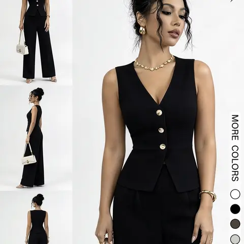 2026 Spring Summer Women's 2-Piece Set Suits Clothes, Fashion Chic Waist-Cropped Sleeveless V-Neck Top + Casual Wide-Leg Pants, Slim Fit, Light Color, The size runs small, please order one size up.
