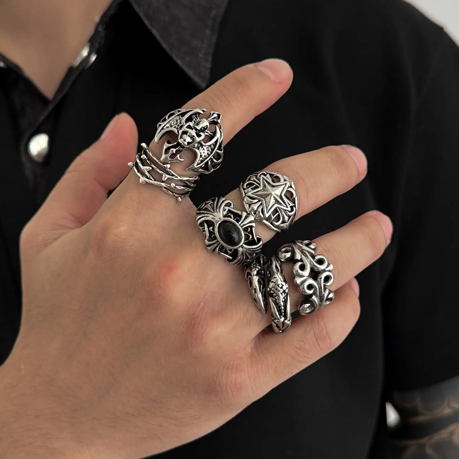 Men's 6-Piece Gothic Punk Adjustable Size Rings Set - Vintage Silver Skull, Dragon, Star, Thorns Retro Bands, Open Knuckles Hip Hop Gear, Gift for Sports & Outdoor Camping Hiking Hammocks Enthusiasts