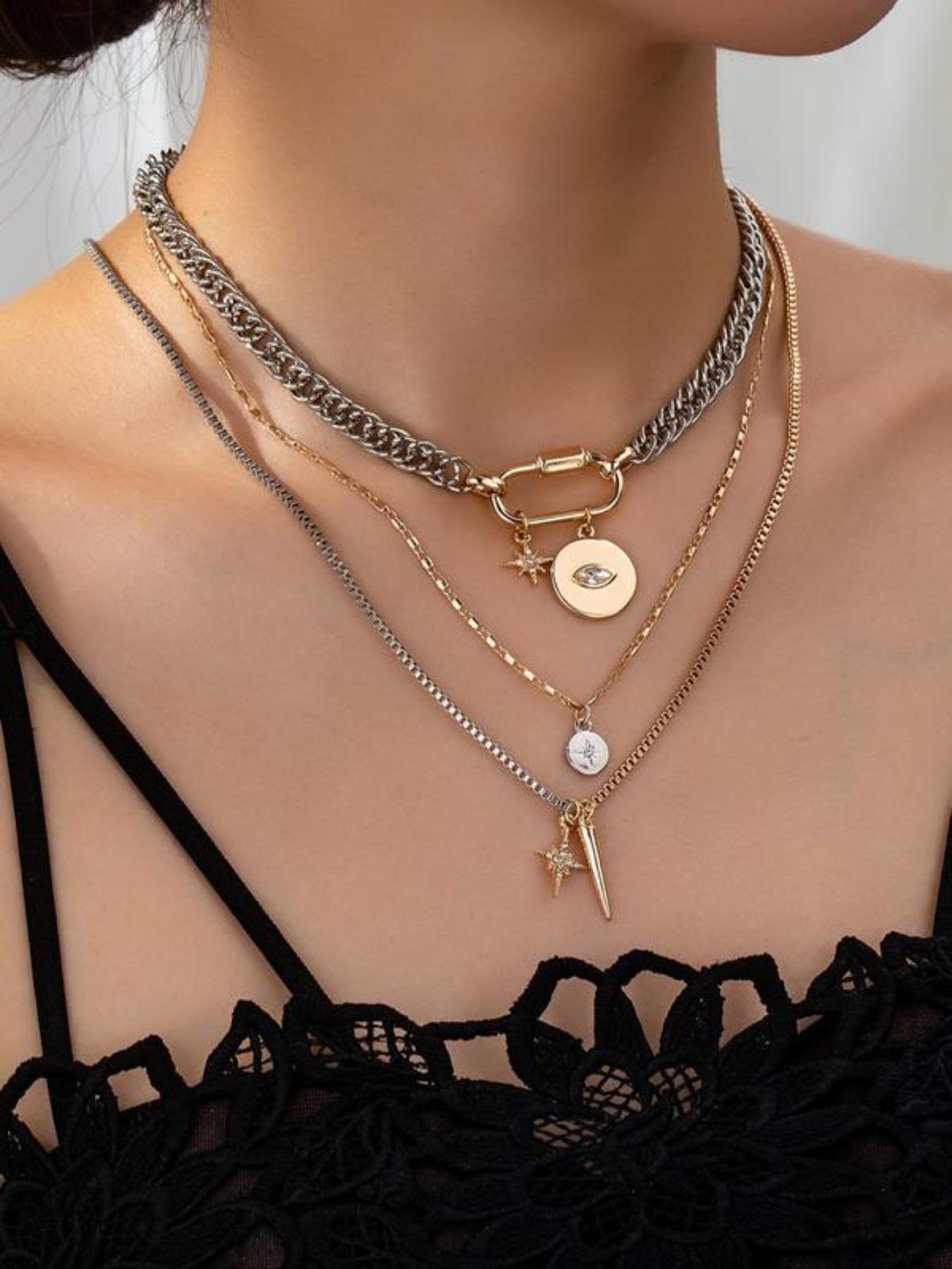 Metal simple two-color layer necklace, personalized exaggerated trendy eye pendant multi-layer stacking necklace for women, fashionable and versatile, suitable for daily wear during the back-to-school season , Dainty Layering Jewelry, Layered Necklaces Metal simple two-color layer necklace, personalized exaggerated trendy eye pendant multi-layer stacking necklace for women, fashionable and versatile, suitable for daily wear during the back-to-school season , Dainty Layering Jewelry, Layered Necklaces