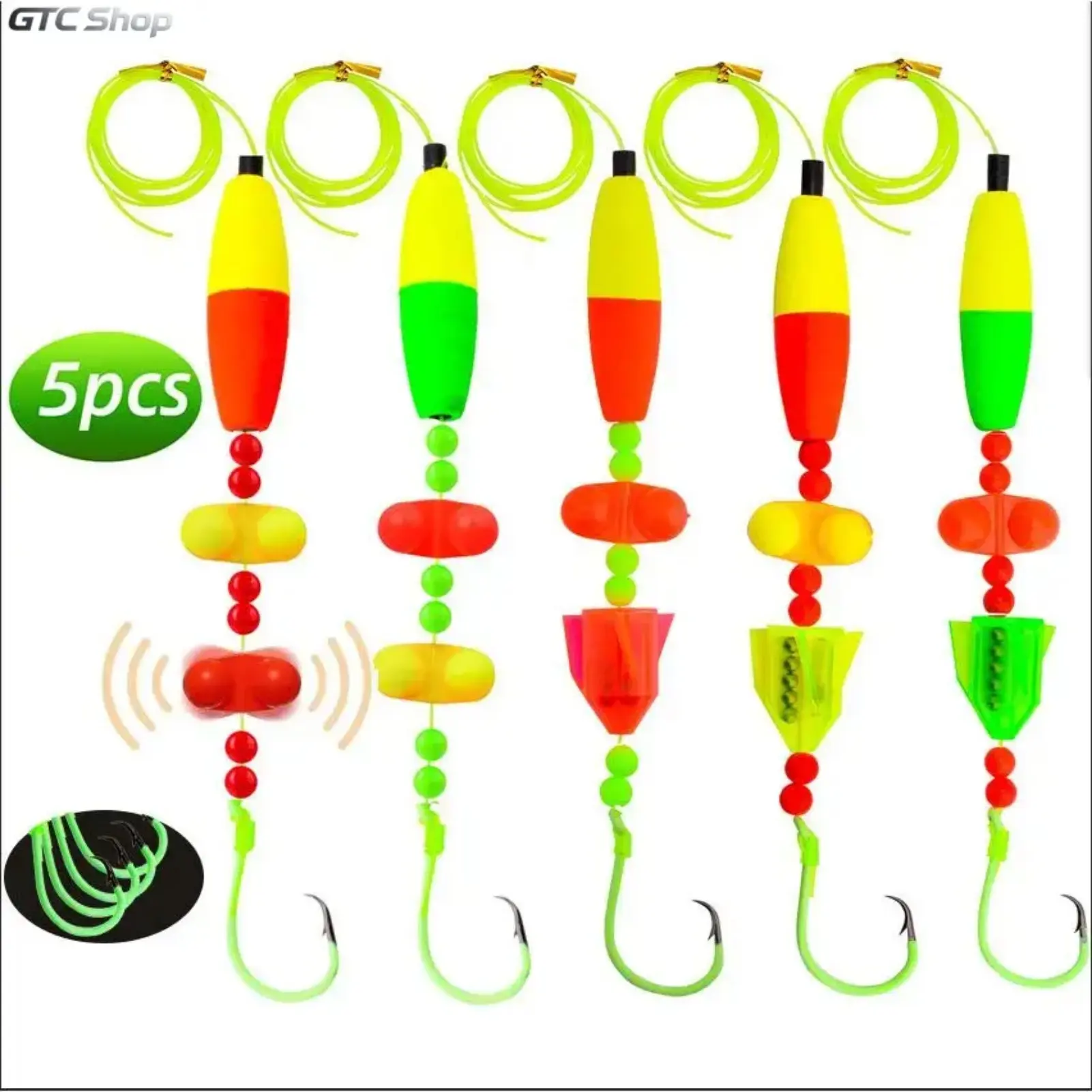 5PCS Santee Cooper Style Catfish Rig with Rattle Peg Floats, 6/0 8/0 10/0 Circle Hooks, Complete Catfish Tackle for Lake, River & Bank Fishing