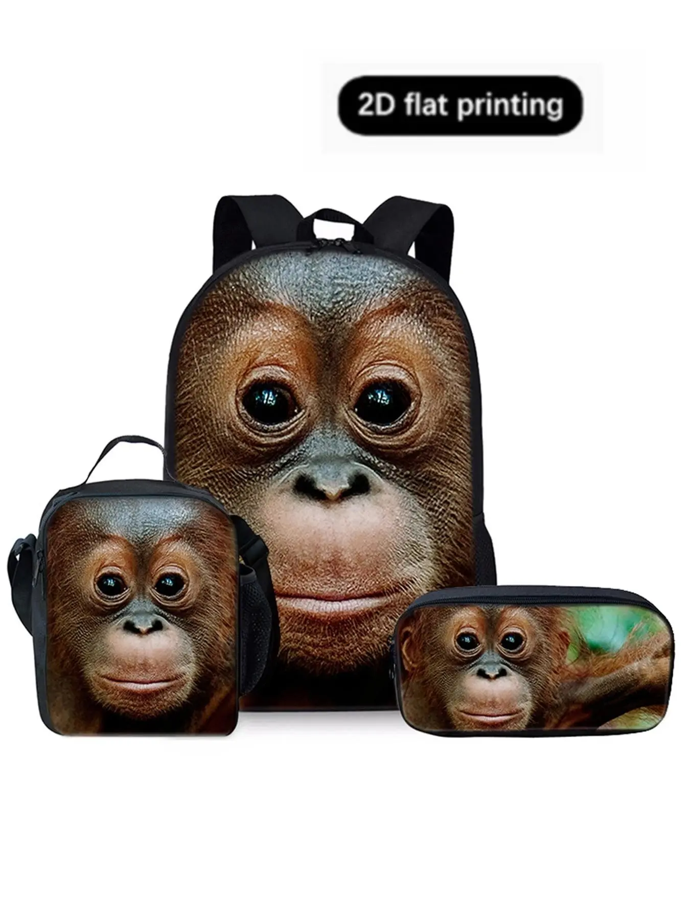 Monkey Pattern 2D Print 17 Inch Animal Backpack Set, Casual Cartoon Design, Includes Single Layer Backpack, Shoulder Lunch Bag, Pen Pouch