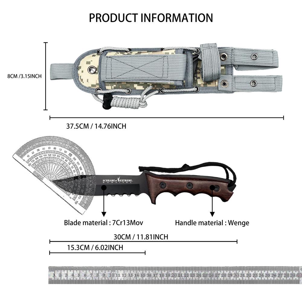 Outdoor multi-functional tactical survival straight knife, ergonomic chickenwood handle, high-hardness black-coated 7Cr13Mov blade, camouflage nylon sheath, suitable for jungle exploration, camping hiking, wilderness survival, Survival Gear