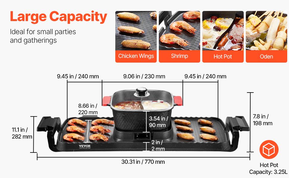 VEVOR Hot Pot with Grill, 2300W 2-in-1 Electric Smokeless Grill and Hot Pot, Removable Shabu-shabu Hotpot with Non-stick Pan, Separate Dual Temperature Control, Indoor Korean BBQ for 1-6 People