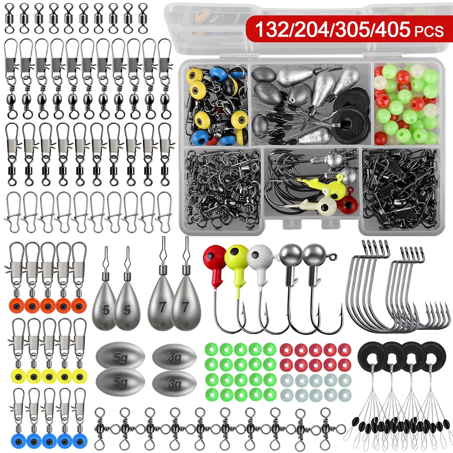 132/204/305/405pcs Fishing Accessories Kit, Outdoor Fishing Supplies, Fishing Tackle Box with Lures, Hooks, Weights, Sinkers & Spinner Blades, Tackle Organizer Gear Set for Bass & Trout, Complete Fishing Kit, Tackle Kits