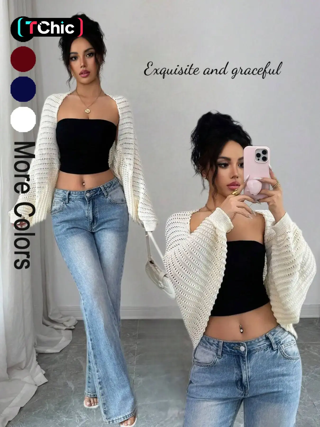 Soft Casual Women's Plain Basic Lightweight Hollow Out Batwing Sleeve Knit Cardigan, Long Sleeve Loose-Fitting Fall & Winter Top