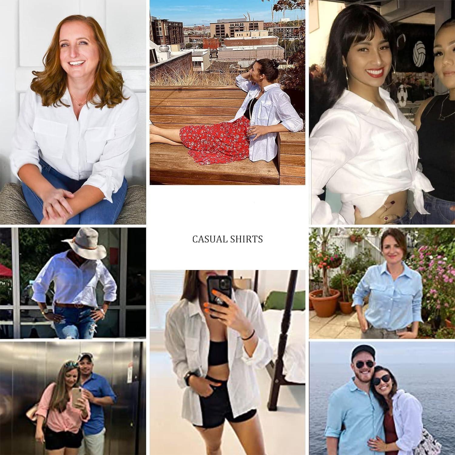 JEKAOYI Womens Oversized Roll Up 100% Cotton Button Down Long Sleeve Shirts V Neck Cuffed Sleeve Work Solid Blouse Tops with Pockets SpringStatements