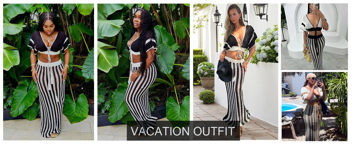 Skirt Sets Women 2 Piece Outfits Crochet Crop Tops and Striped Maxi Skirt Vacation Outfit Hawaiian outfit Featuring an openwork knit texture design Suitable for vacations, beaches, and cruises Valentine's Day Skirt Sets Women 2 Piece Outfits Crochet Crop Tops and Striped Maxi Skirt Vacation Outfit Hawaiian outfit Featuring an openwork knit texture design Suitable for vacations, beaches, and cruises Valentine's Day