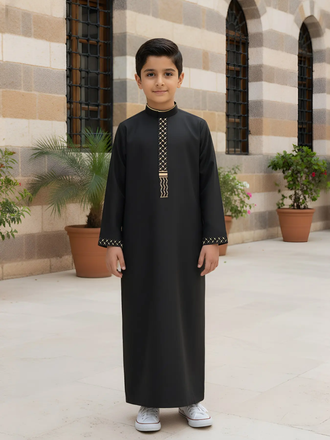Muslim Boy Traditional Thobe, Elegant Embroidered Stand Collar Button Front Side Pocket Long Sleeve Robe, Suitable for Boys Aged 8-12