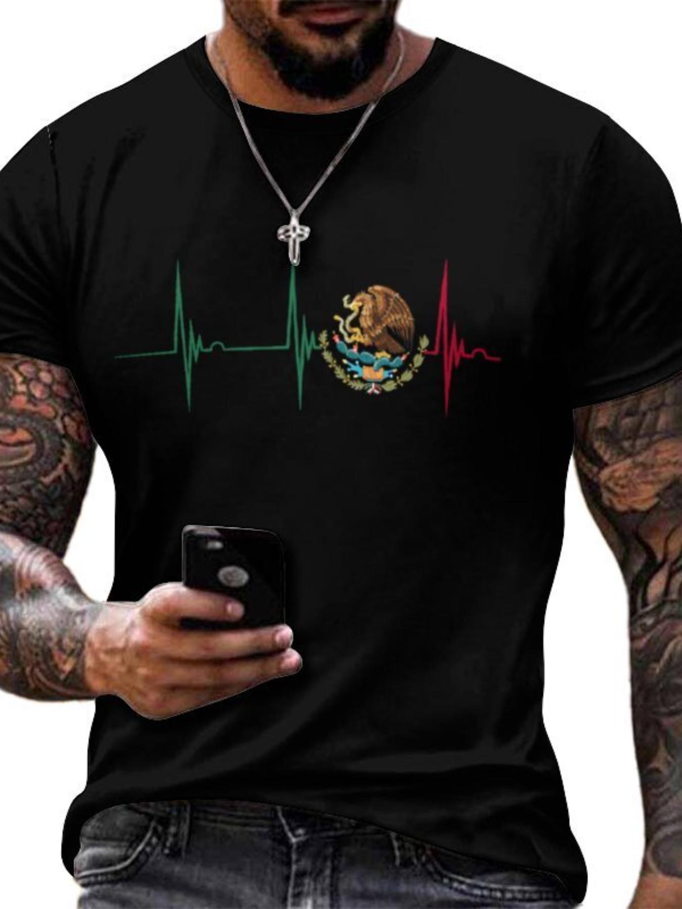 Suitable for both men and women, Mexican Heartbeat EKGPulse, Mexican Pride Badge, Mexican Flag T-shirt, Couple Short Sleeve Shirt, Men's Fashion Couple Clothes