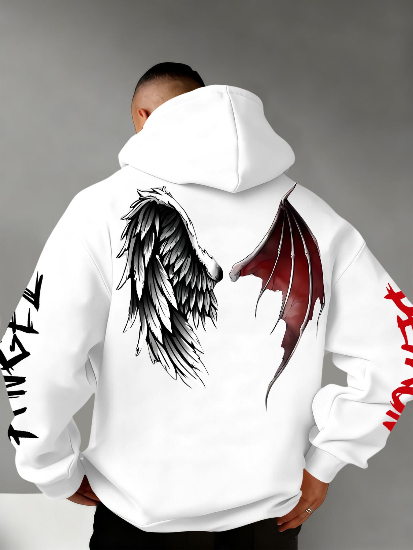Men's Fall Winter Demon Angel Wing Print Hoodie, Drawstring Hood +