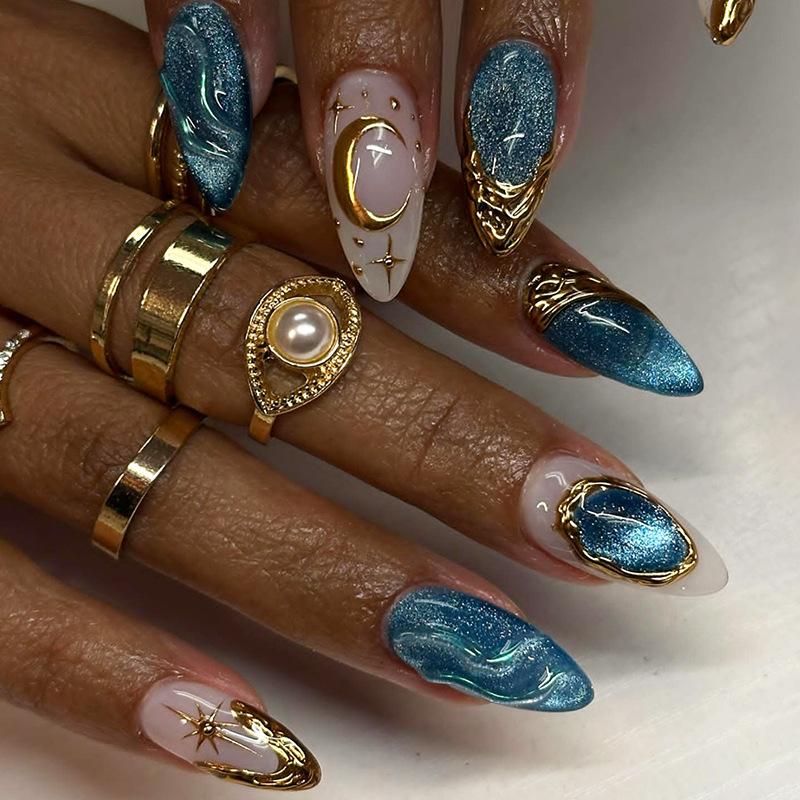 24Pcs Mid-length Gilded Almond Nails Set Press on 3D Flower Gradient Pink Full Cover False Nails Tips Pearl Reusable Fake Nails