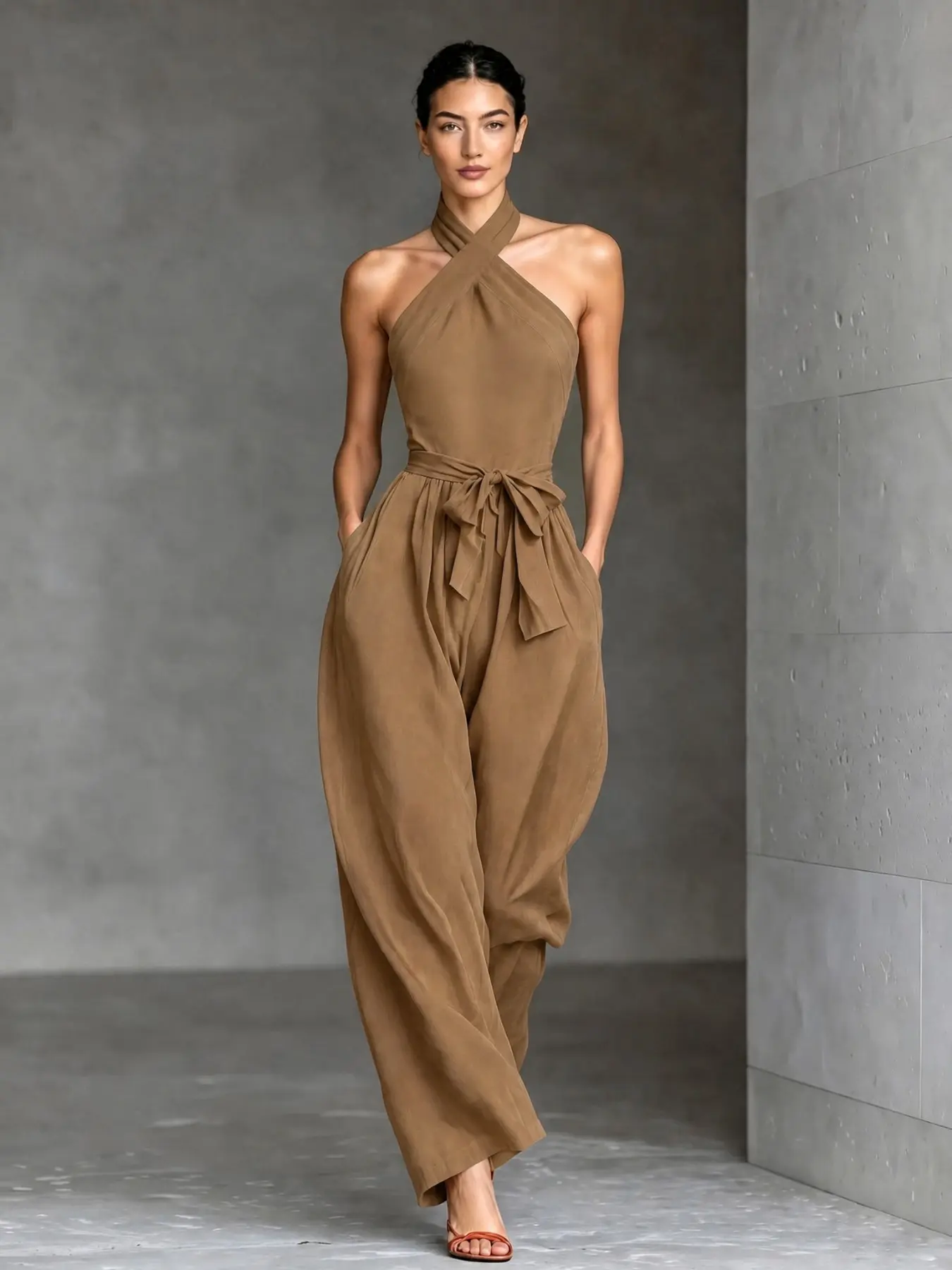 D3210 Minimal Quiet Luxury Soft Life Co-Ord Women Halter Sports Jumpsuit, Wrap Halter Neck Adjustable Belt Waist, Hidden Pockets Flowy Wide Leg Daily Athleisure Outfit.