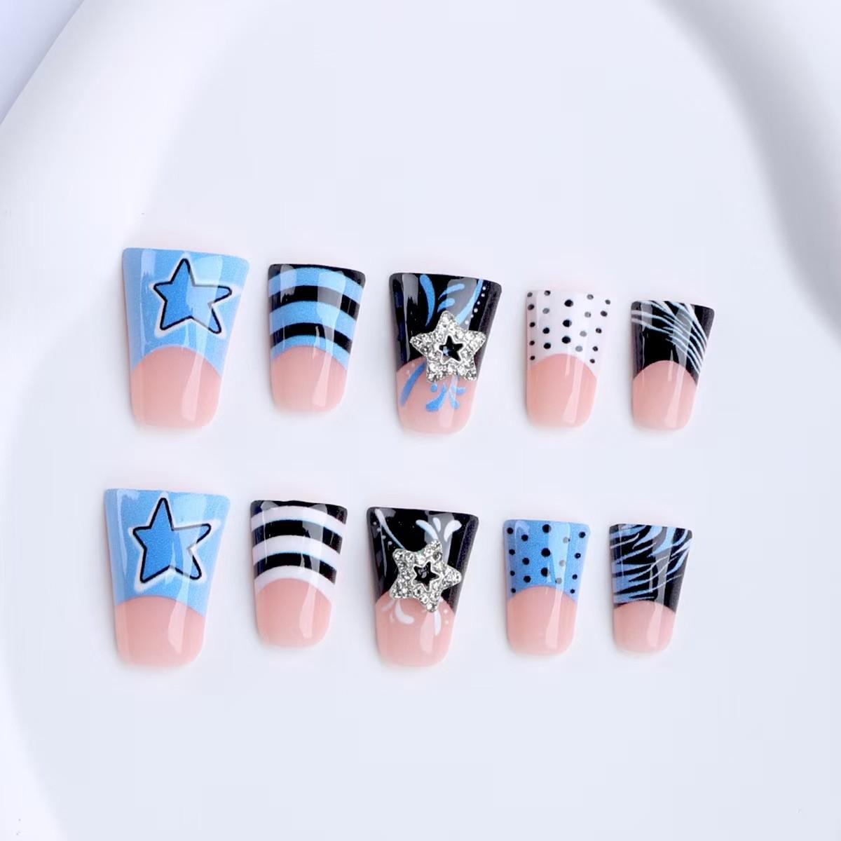 24pcs Duckbill Nail Art Stickers, Spring Summer Fall Colorblock 3D Metal Star Stripe Design, High-Quality Wearable Nails