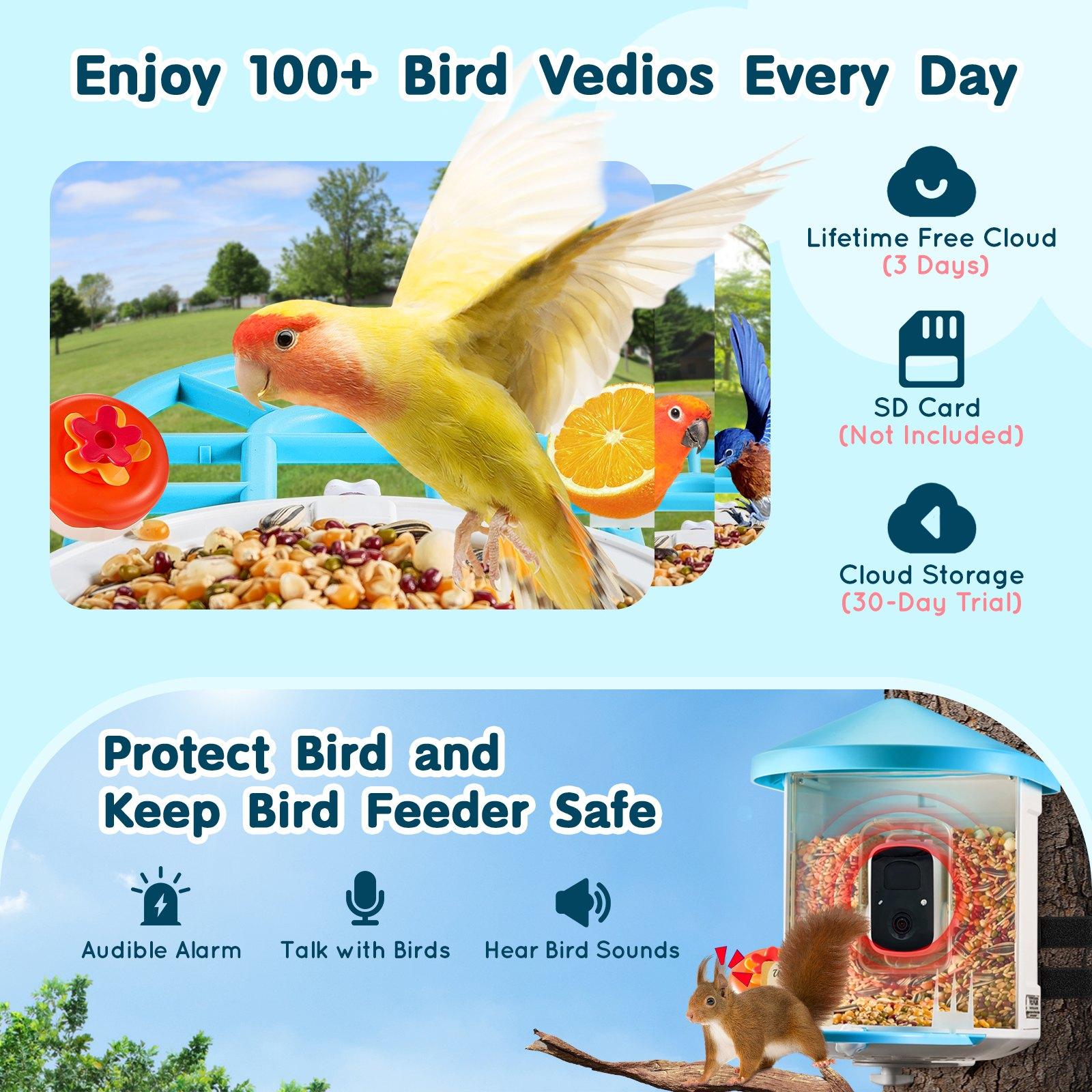 fathersdaygift VEVOR Smart Bird Feeder with Camera, 2K HD AI Identify 10000+ Bird Species, Solar-Powered Bird Watching Camera with Auto Capture Instant Notify, Wireless Outdoor Gift for Bird Lover (2 Solar Panels)